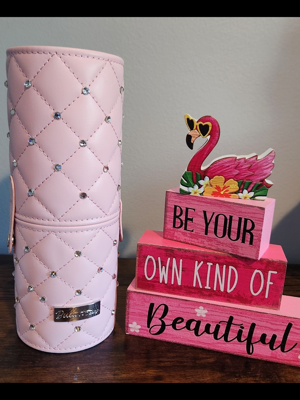 Pink Quilted Rhinestone Makeup Brush Holder
